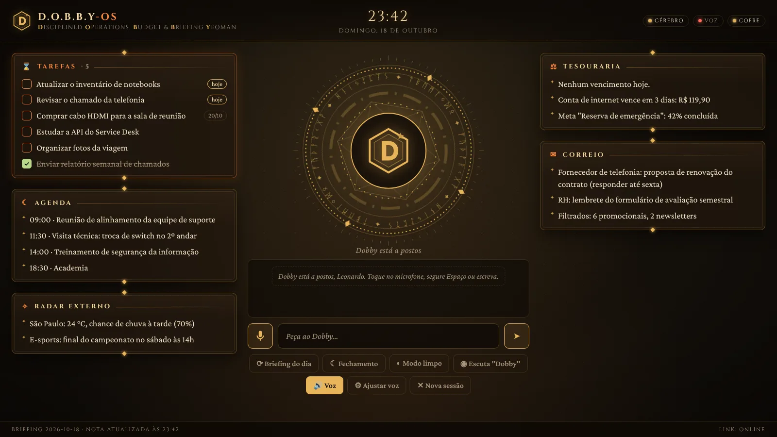 HUD do D.O.B.B.Y-OS com o núcleo animado no centro e painéis de tarefas, agenda, radar, tesouraria e correio