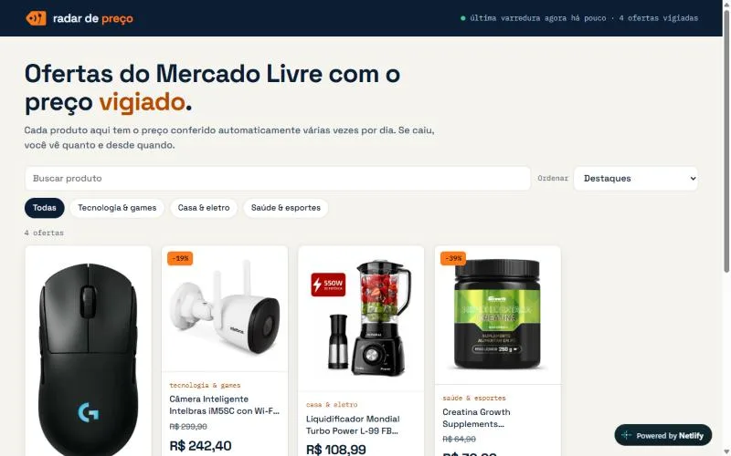 Tela inicial do Radar de Preço